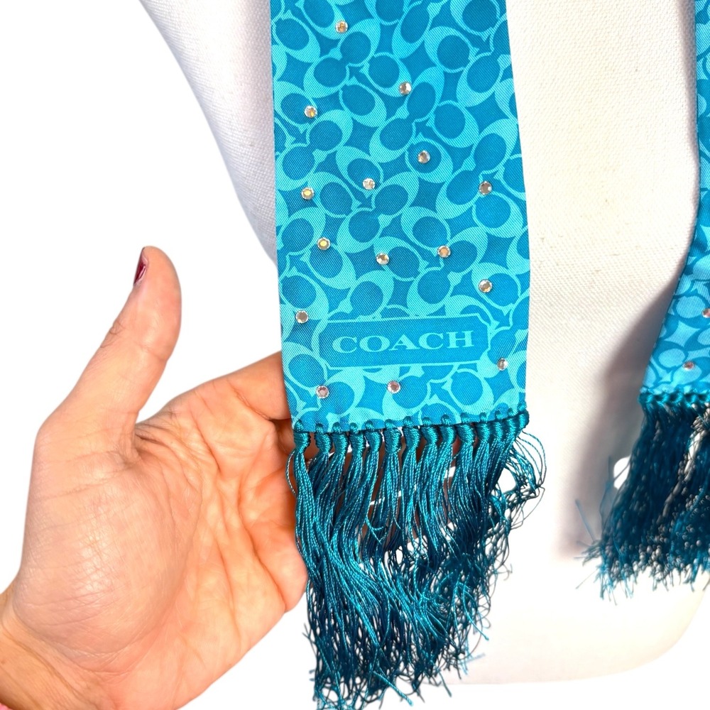 Coach Y2K NWT Silk Scarf Teal Signature Print Rhinestones Fringed - Picture 3 of 8